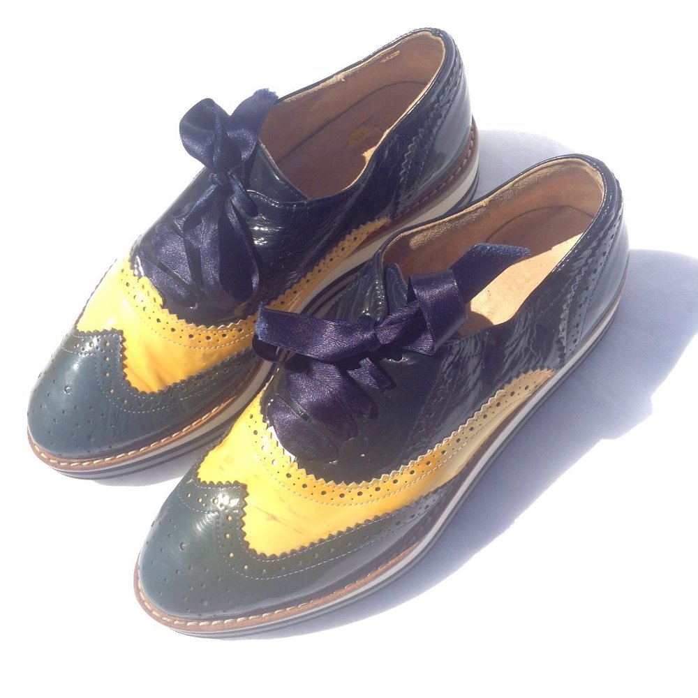 HEGO'S Oxford Shoes Yellow Green Navy  MSRP $400